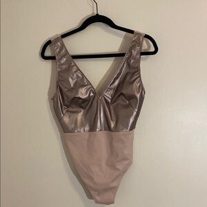 SHAN Eva Plunging Metallic One-Piece Swimsuit Rose Gold Sz 10